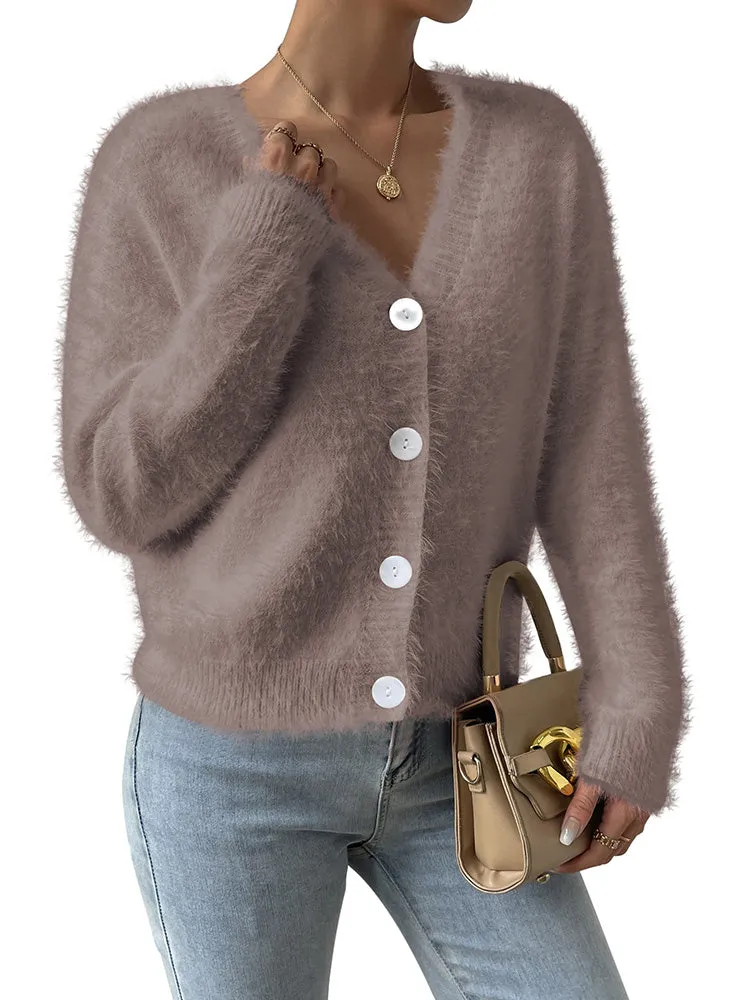 Women's Furry Cropped Cardigan Open Front Button Down Loose Knit Sweater Coat