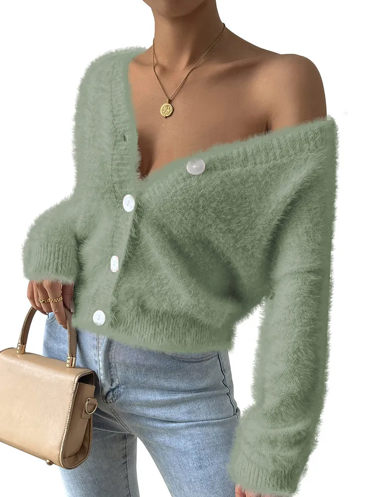 Women's Furry Cropped Cardigan Open Front Button Down Loose Knit Sweater Coat