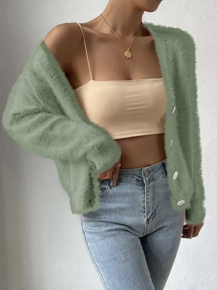 Women's Furry Cropped Cardigan Open Front Button Down Loose Knit Sweater Coat