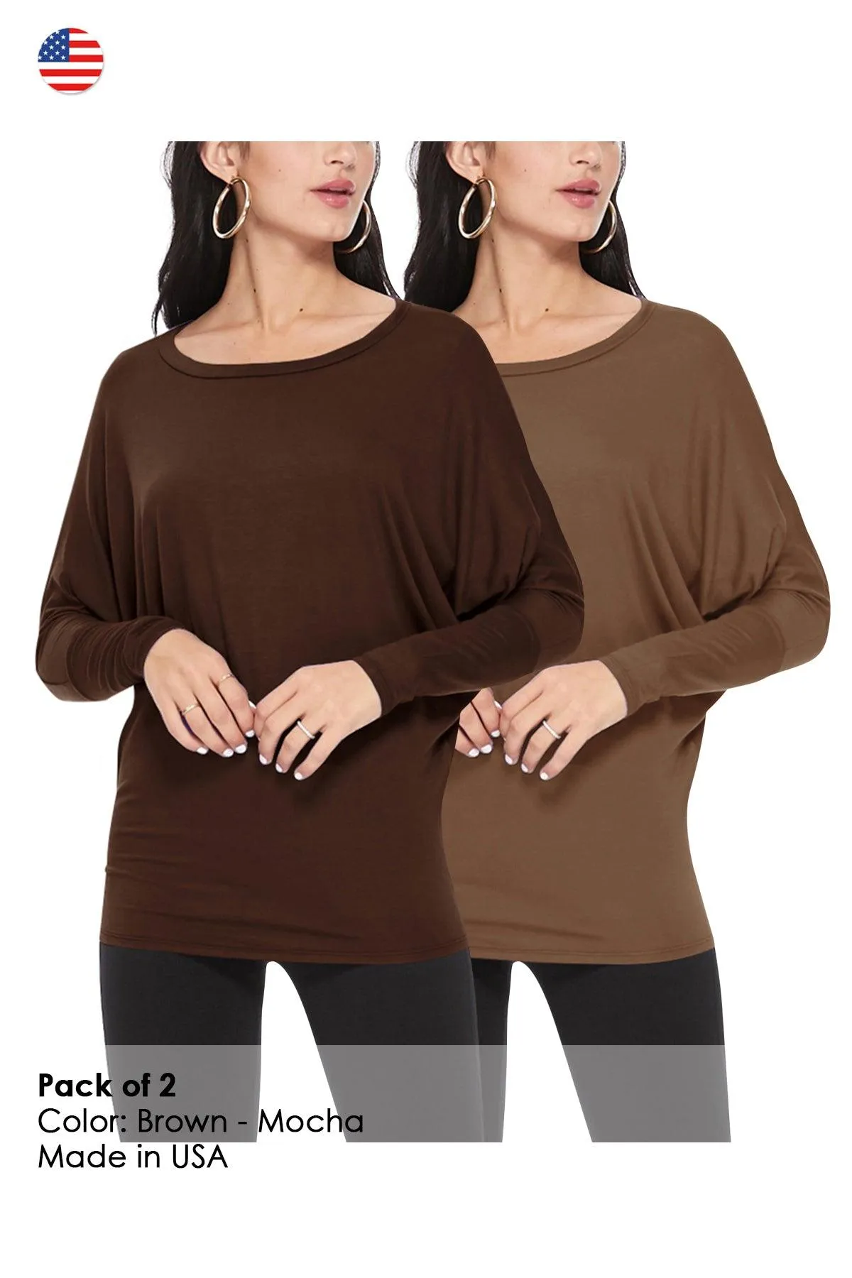 Women's Lightweight Solid Stretch Loose Fit Long Sleeve Dolman Tunic Top (Pack of 2)