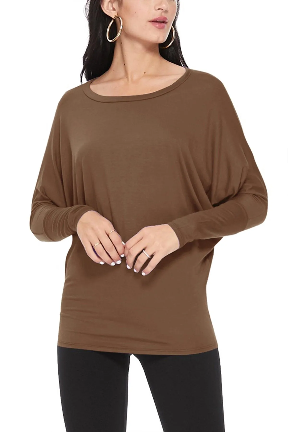 Women's Lightweight Solid Stretch Loose Fit Long Sleeve Dolman Tunic Top (Pack of 2)