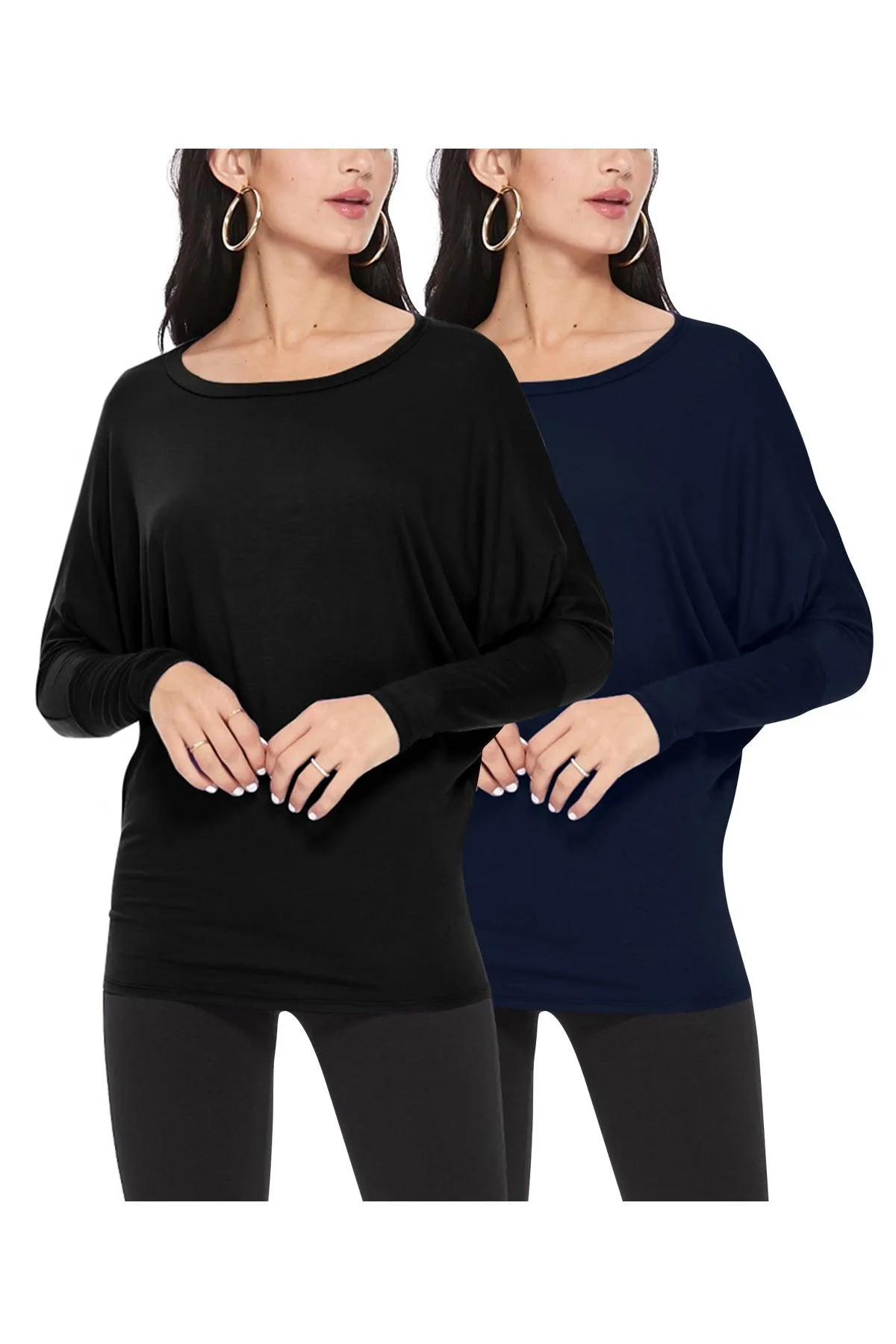 Women's Lightweight Solid Stretch Loose Fit Long Sleeve Dolman Tunic Top (Pack of 2)