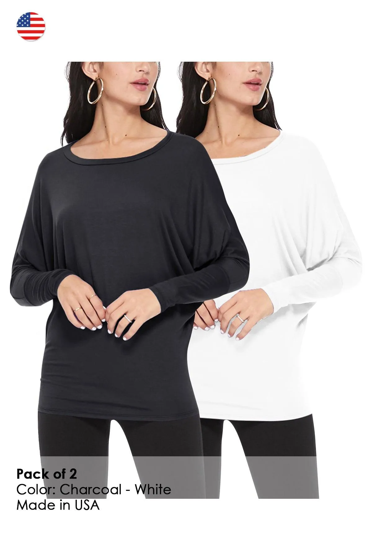 Women's Lightweight Solid Stretch Loose Fit Long Sleeve Dolman Tunic Top (Pack of 2)