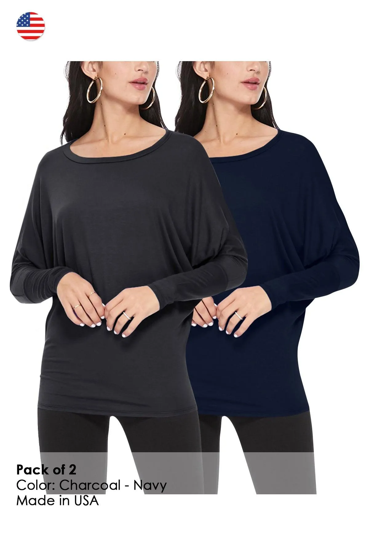 Women's Lightweight Solid Stretch Loose Fit Long Sleeve Dolman Tunic Top (Pack of 2)