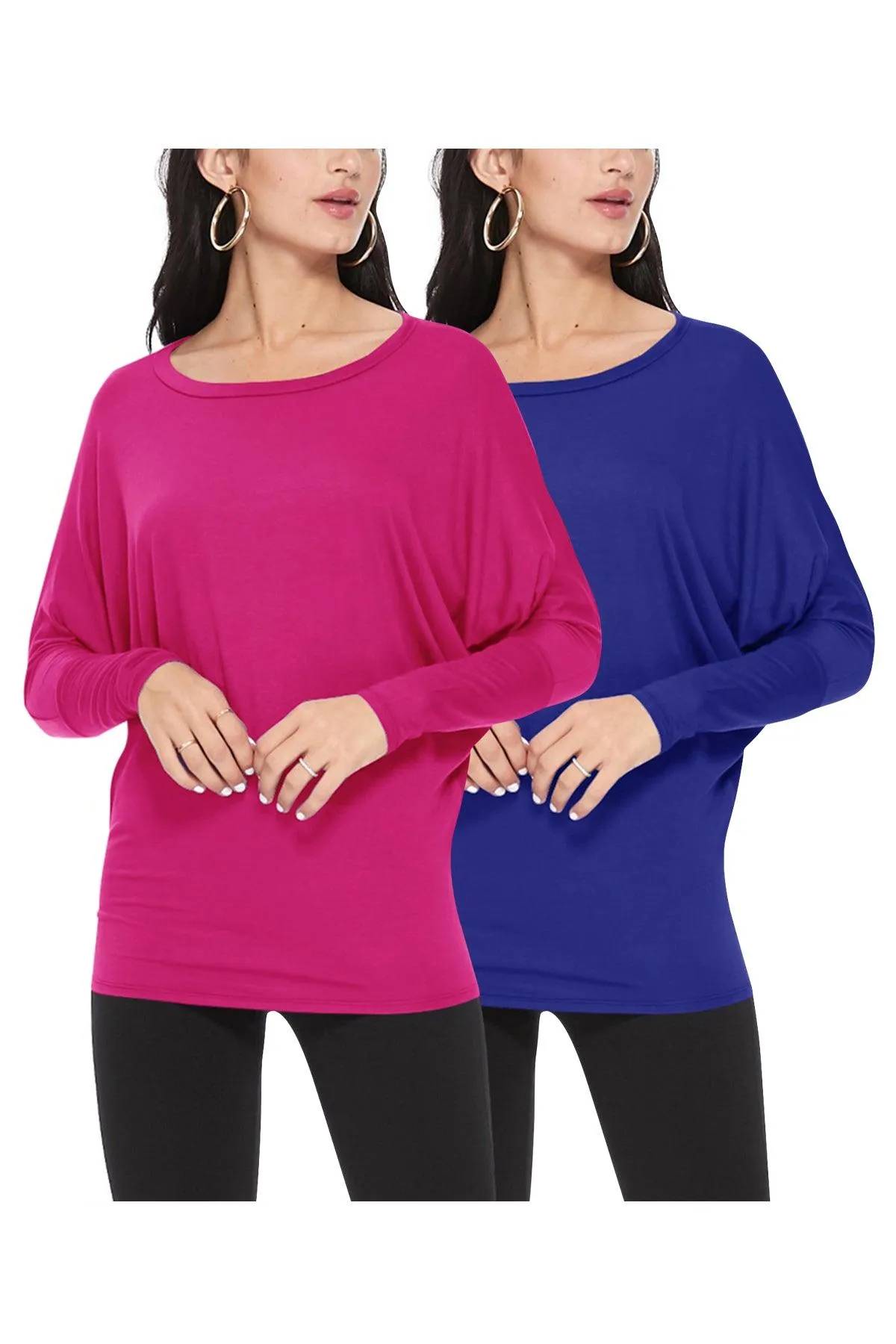 Women's Lightweight Solid Stretch Loose Fit Long Sleeve Dolman Tunic Top (Pack of 2)