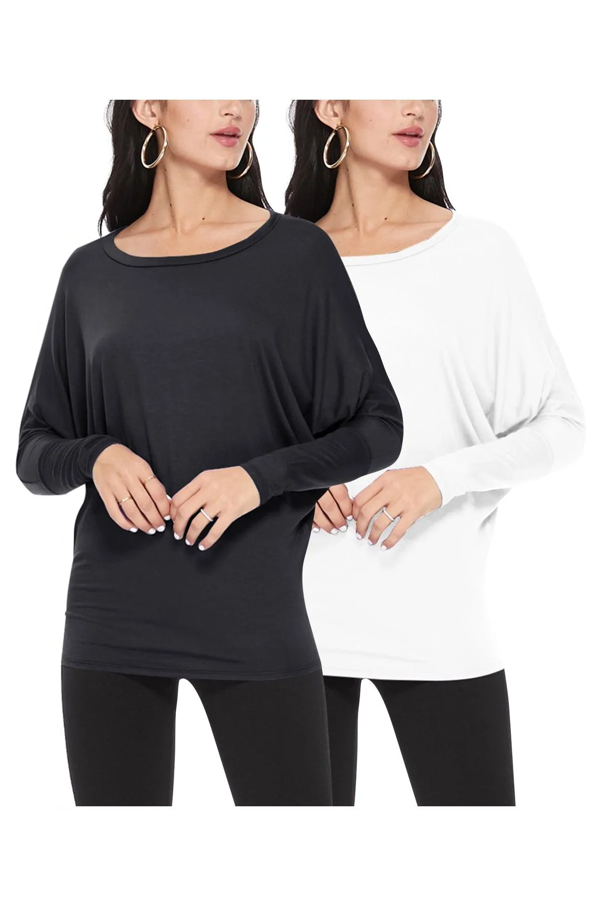 Women's Lightweight Solid Stretch Loose Fit Long Sleeve Dolman Tunic Top (Pack of 2)