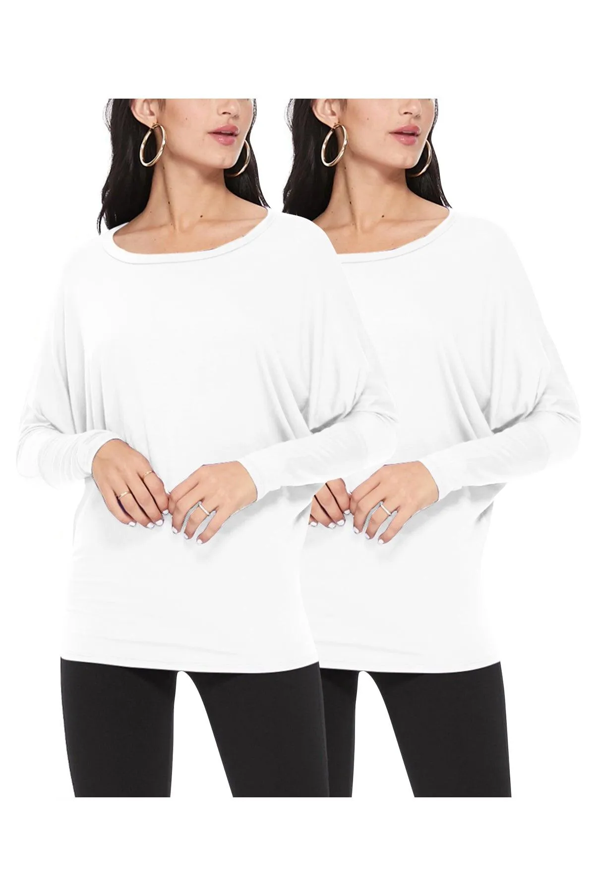 Women's Lightweight Solid Stretch Loose Fit Long Sleeve Dolman Tunic Top (Pack of 2)